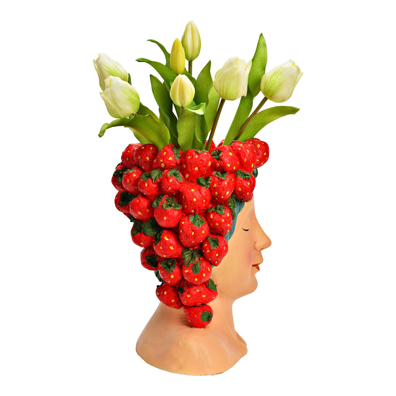 Blumentopf Frauenkopf mit Erdbeeren aus Magnesia, Rosa/Rot (B/H/T) 22x28x21cm