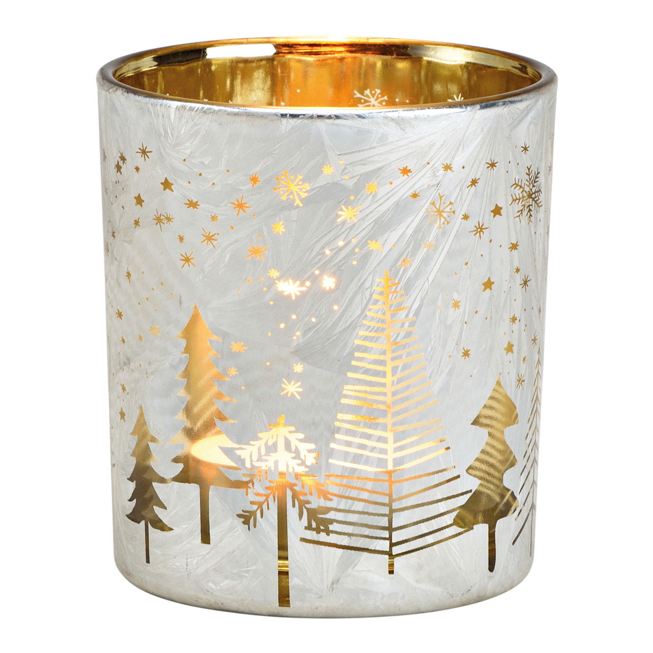 Windlicht Tannenbaum Dekor aus Glas Weiß, gold (B/H/T) 7x8x7cm