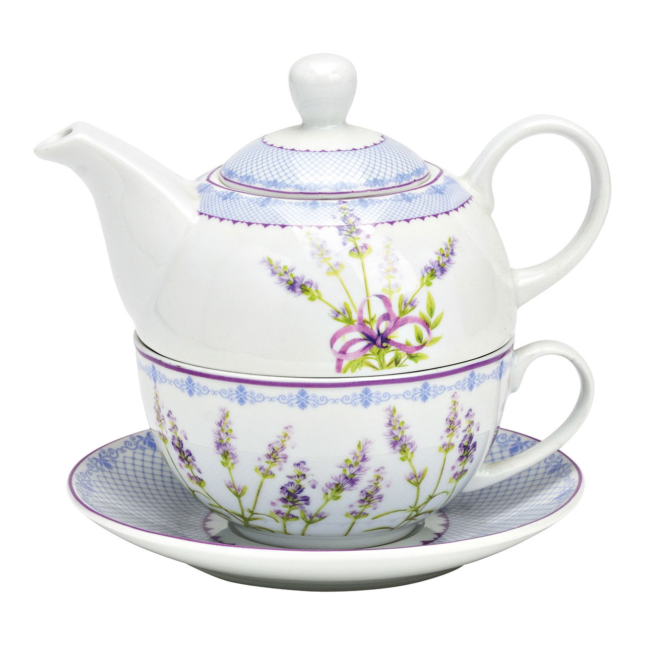 Theepotten set lavendel decoratie van porselein, 3 stuks