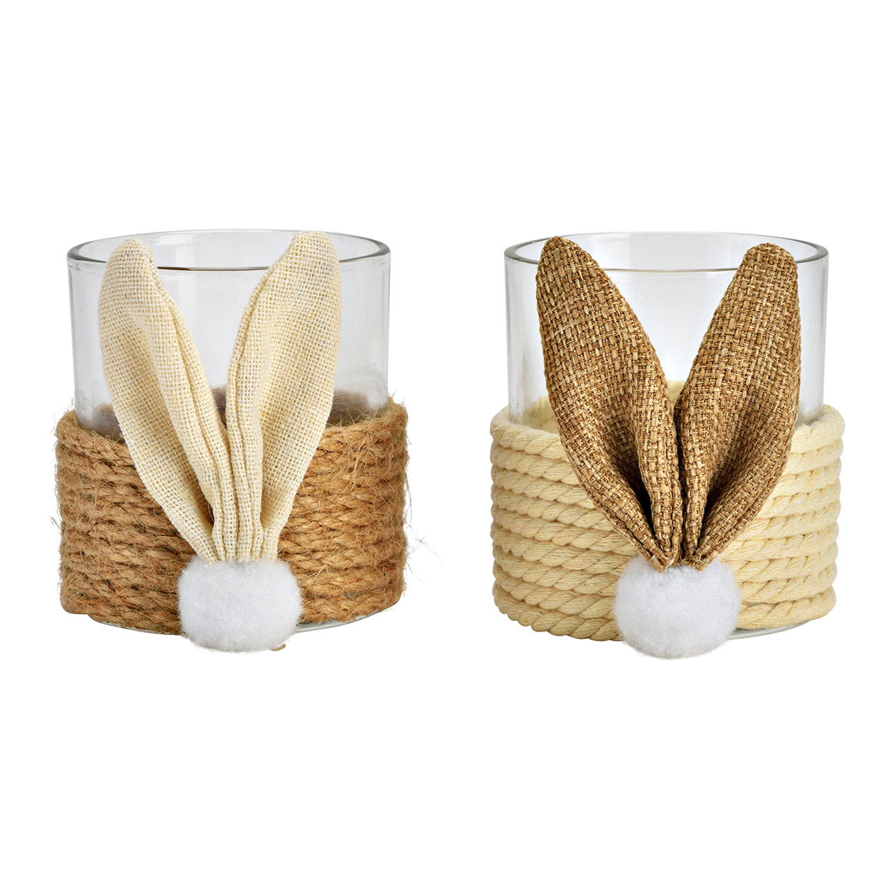 Lanterna in vetro/juta/tessuto coniglietto decorativo, 2 pieghe, marrone/bianco (L/A/D) 7x8x7cm