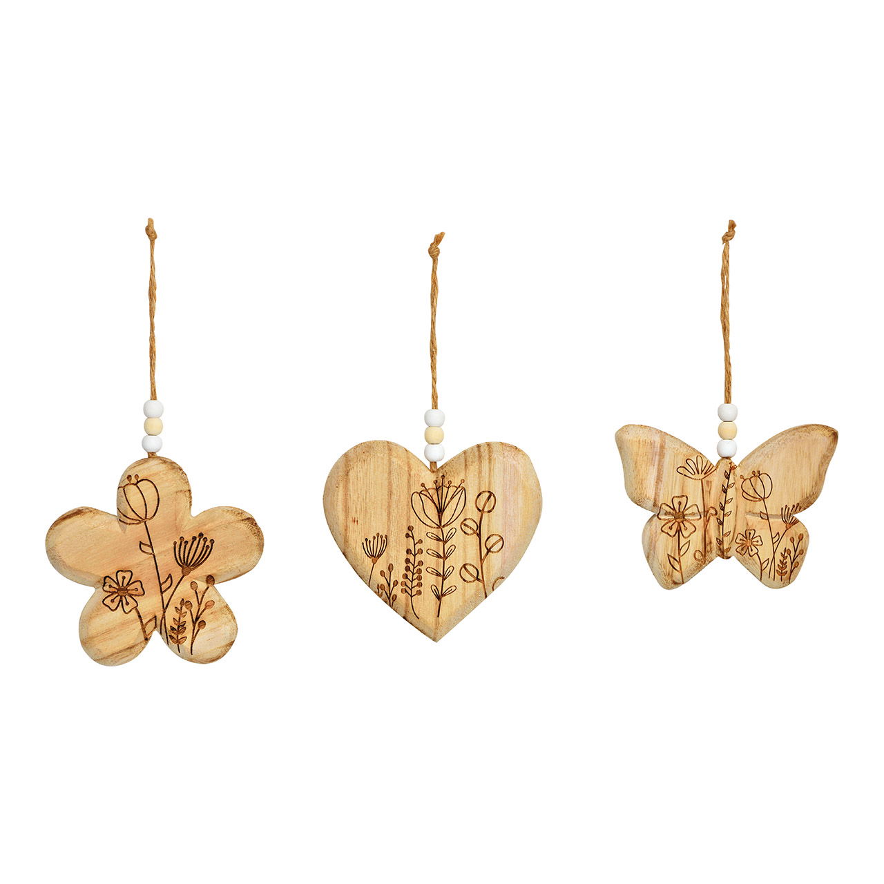 Pendentif coeur, papillon, fleur en bois brun 3 fois, (L/H/P) 10x10x2cm