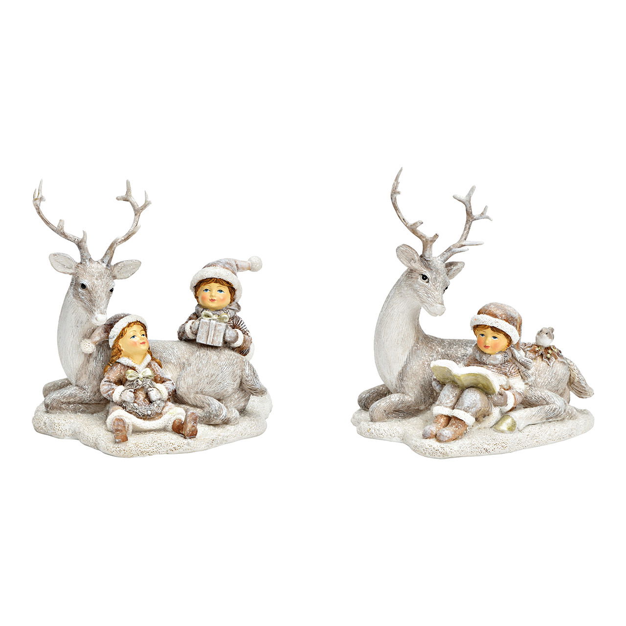 Cerf avec enfants en poly blanc, beige 2 fois, (L/H/P) 14x14x10cm