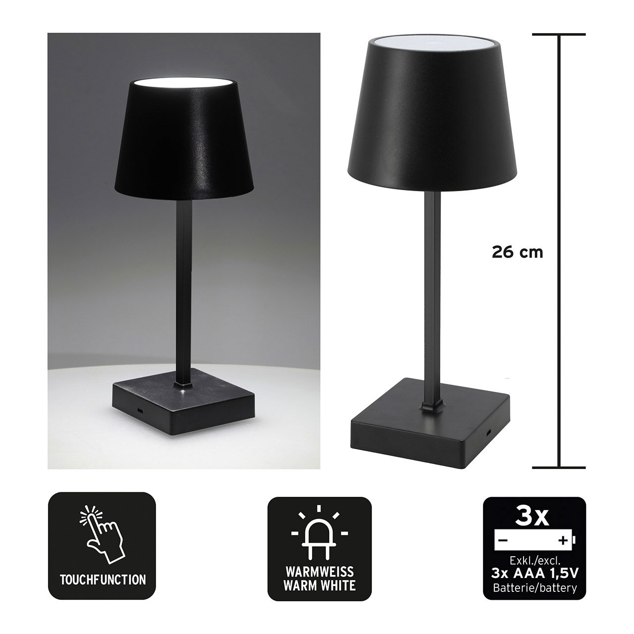Lampe de table LED, intérieur, 3 niveaux de luminosité par fonction tactile en plastique noir (L/H/P) 10x26x10cm Fonctionne avec des piles 3x AAA non incluses