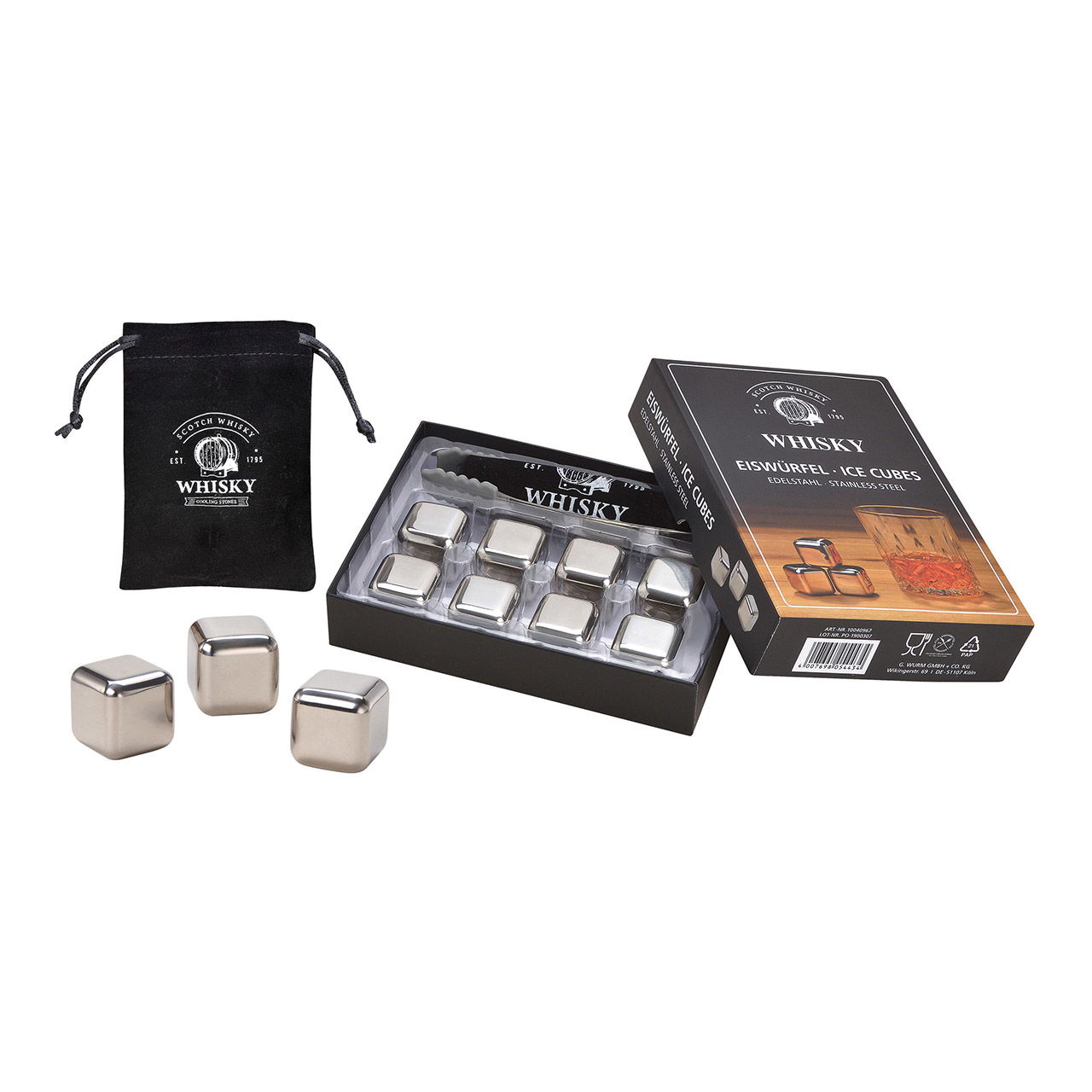 Juego de cubitos de hielo de acero inoxidable para whisky, 2,7 cm, 8 cubitos con pinzas