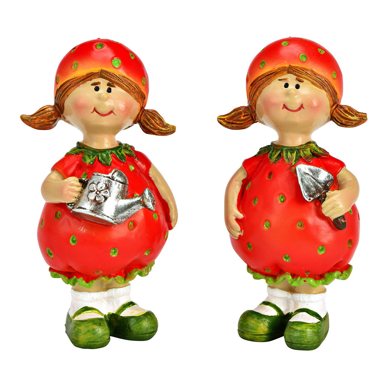Figurine de fillette à la fraise en poly, 2 fois, rouge/vert (L/H/P) 5x9x4cm