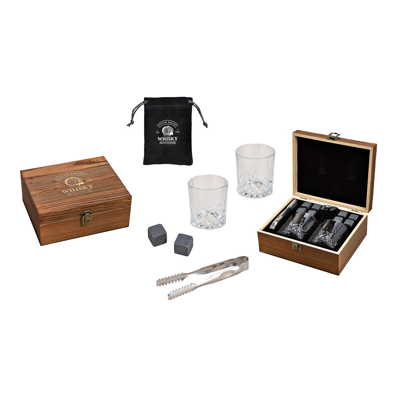 Juego de piedra para whisky, cubitos de hielo de piedra basáltica 2x2x2cm, 2 vasos 9x8x9cm, 300ml, pinzas gris juego de 8, en caja de madera (A/A/P) 23,7x10x20,2cm