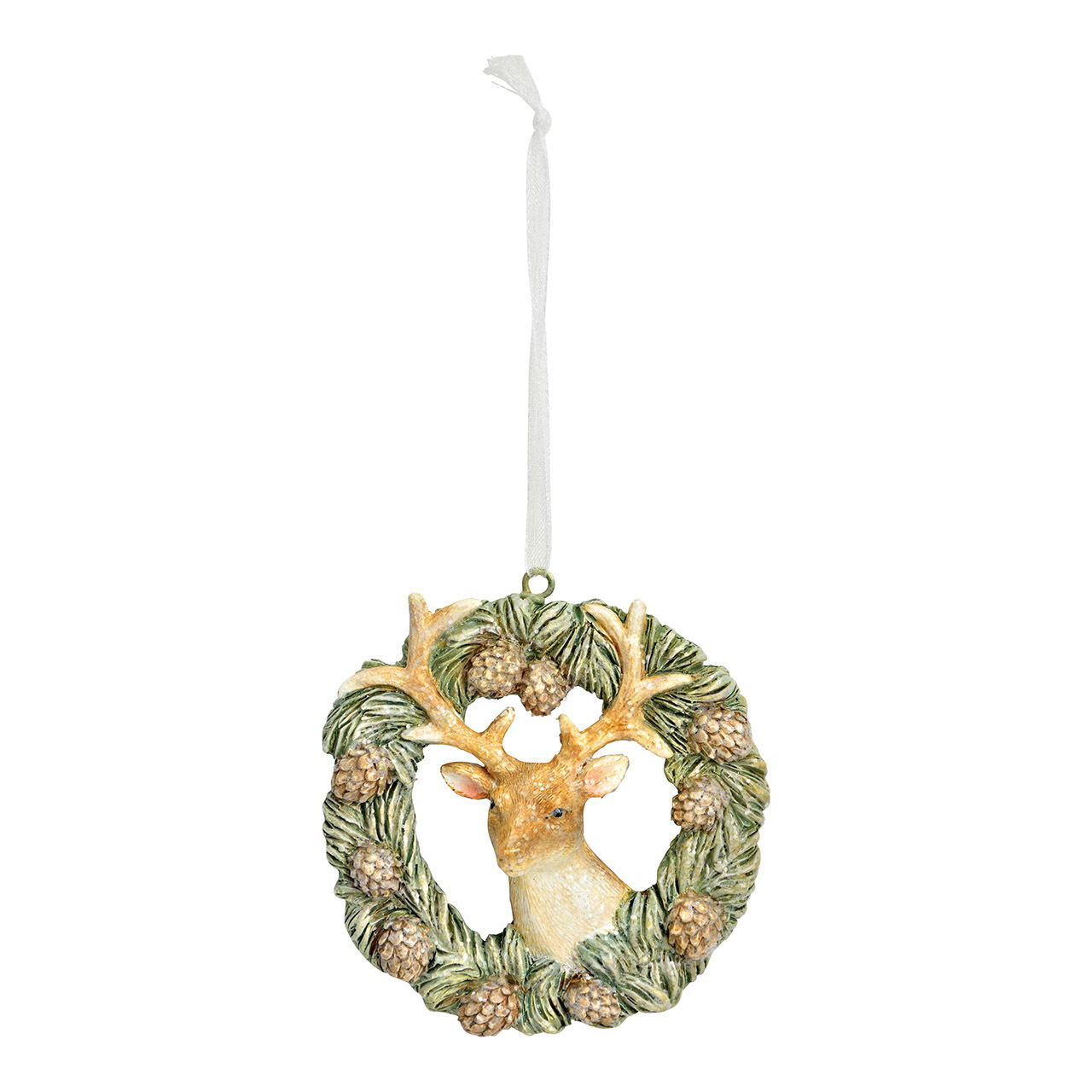 Suspension cerf avec couronne en poly, naturel/vert (L/H/P) 7x7x2cm
