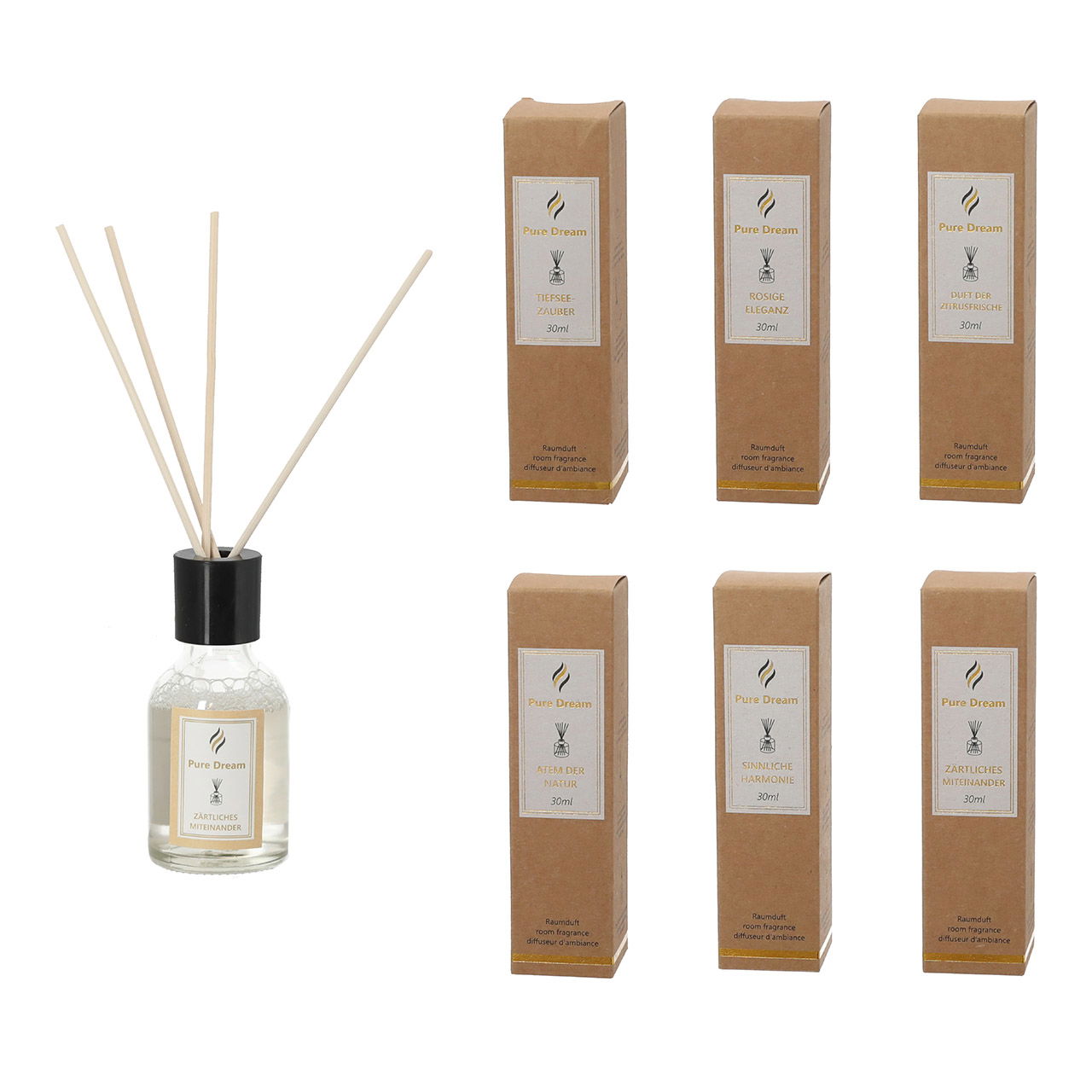 Profumo per ambiente classico con tappo di sicurezza in vetro, 4x bastoncini in rattan, 6 pezzi, lavanda/oceano/rosa/vaniglia/agrumi/muschio, 30ml