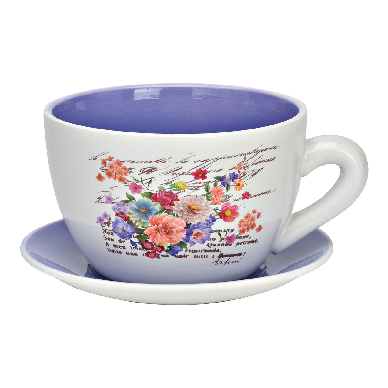Pflanztasse Blumen Dekor aus Keramik, Lila/Weiß (B/H/T) 25x14x23cm