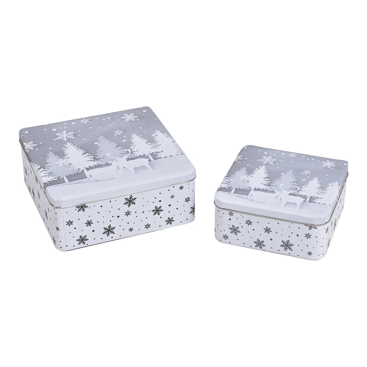 Set di scatole in metallo grigio foresta invernale set di 2, (L/A/D) 19x8x19cm, 15x7x15cm
