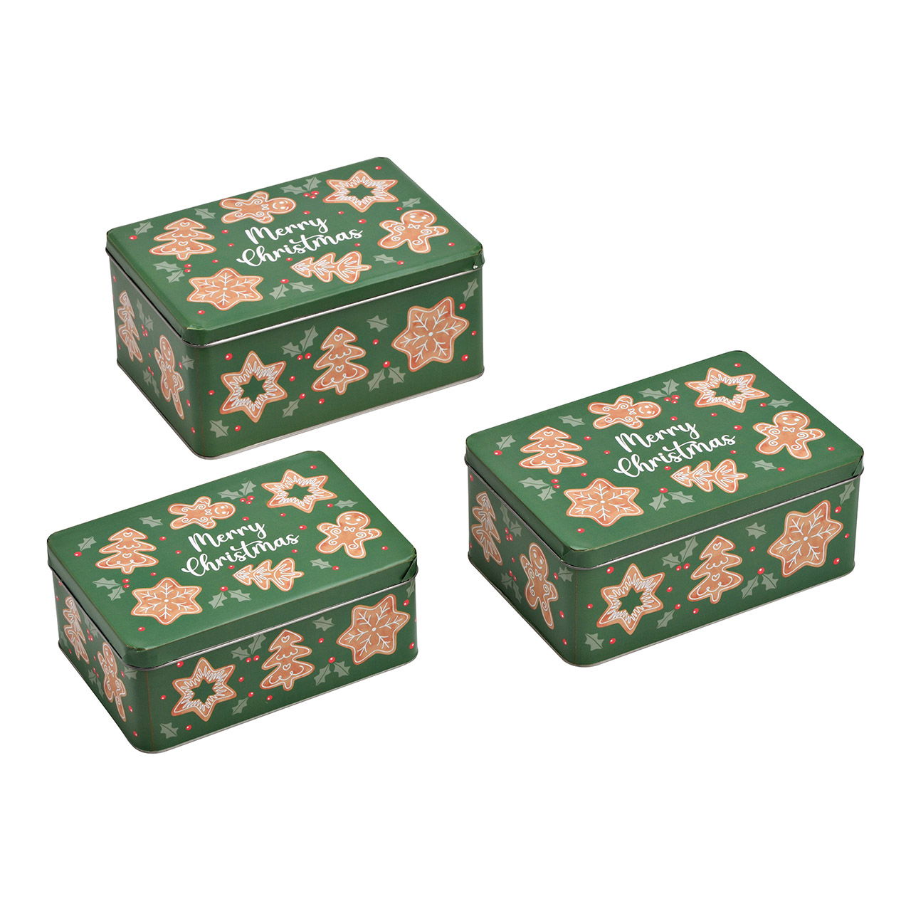 Set di 3 scatole quadrate di pan di zenzero, Buon Natale, in metallo verde (L/A/D) 21x15x9cm, 19x13x8cm 17x12x7cm