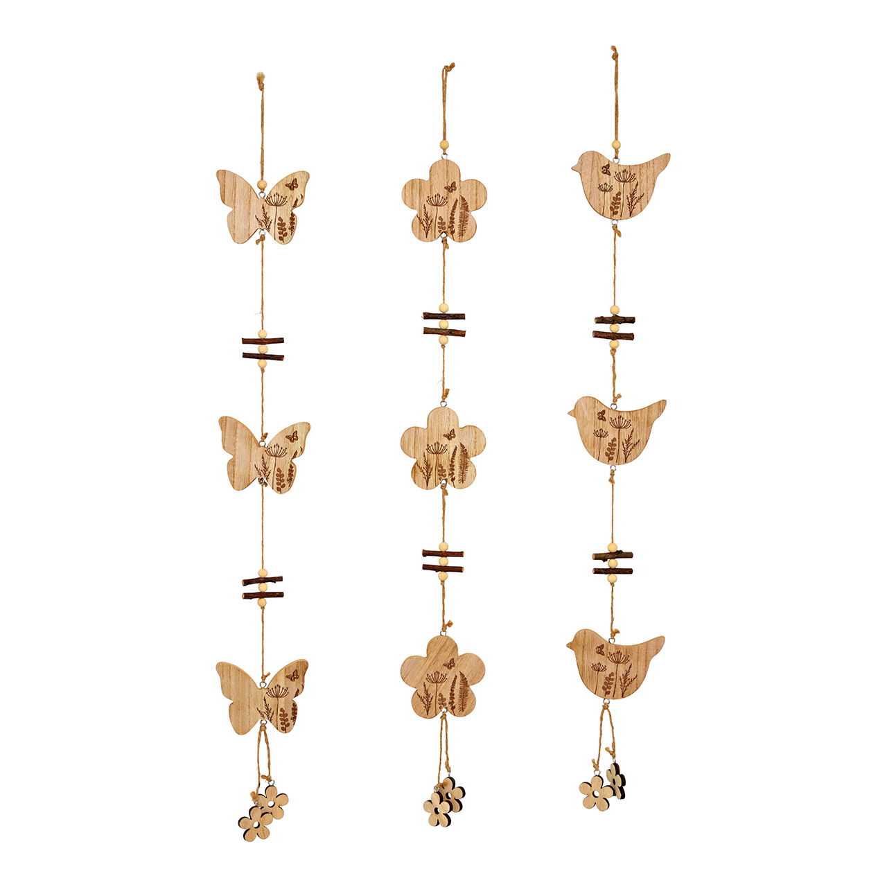 Guirlande à suspendre Fleur, papillon, oiseau en bois naturel 3 fois, (L/H/P) 8x71x1cm