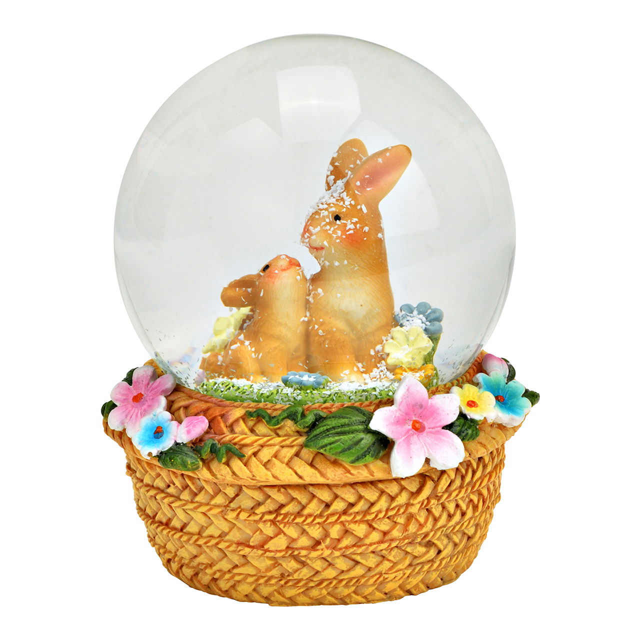 Coniglietto con globo di neve su base di cappello a fiori in poli/vetro marrone (L/H/D) 7x9x7cm