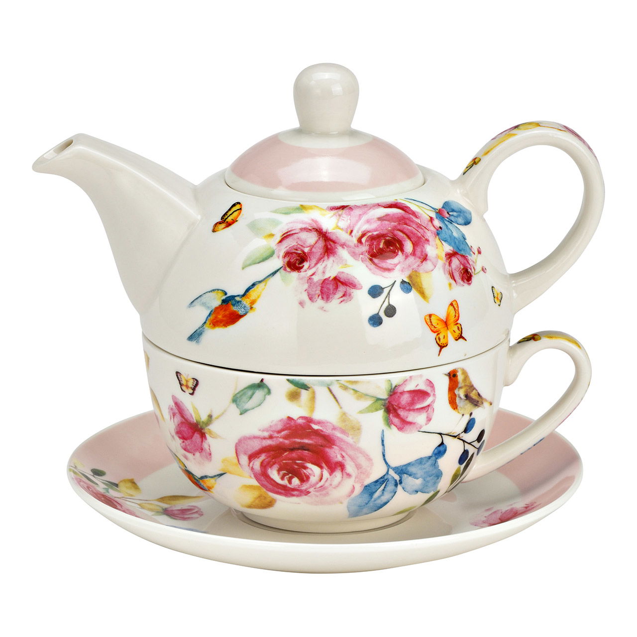 Theepot set rozen decor set van 3, gemaakt van porselein roze (B/H/D) 15x16x15cm 400ml/250ml