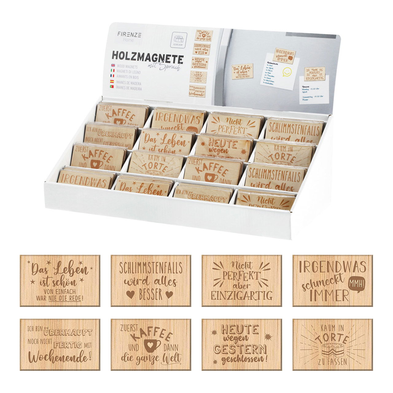 Magnets with saying made of natural wood 8-fold, (W/H/D) 8x6x8cm in a 48-piece display
