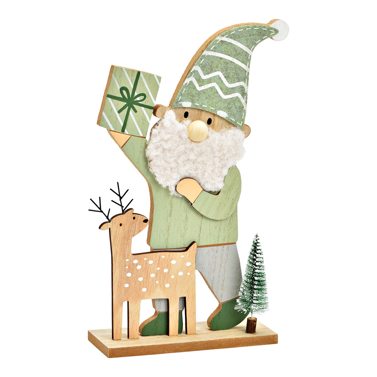 Babbo Natale in piedi con cervo/albero di Natale in legno, verde (L/H/D) 17x29x6cm