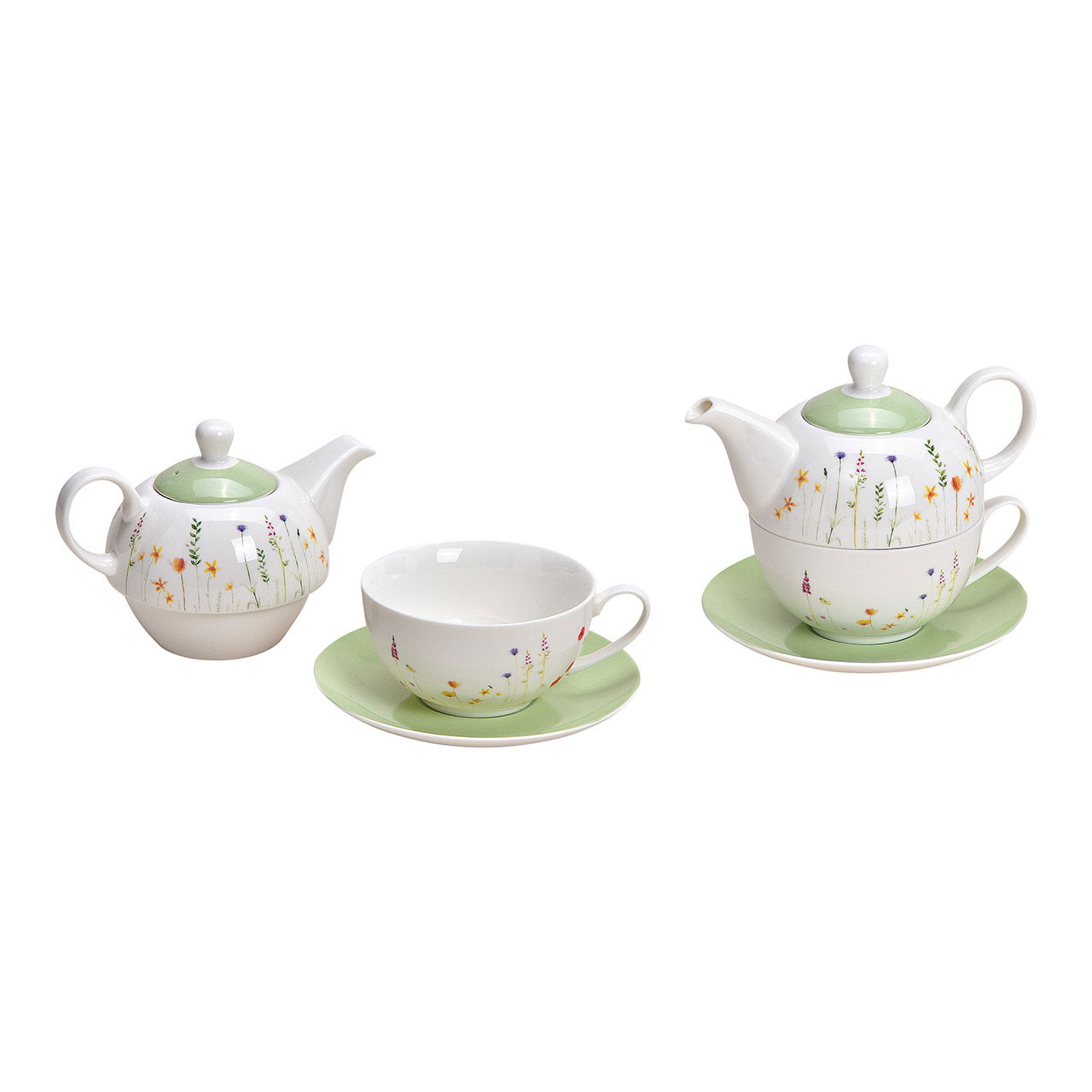 Porseleinen bloemendecor theepot set, wit, set van 3, (B/H/D) 16x15x15cm 450ml, beker, 200ml