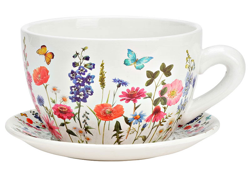 Pflanztasse Blumen Dekor aus Keramik, Bunt (B/H/T) 34x16x28cm