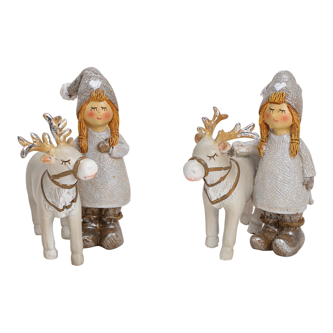 Enfant hiver avec cerf en poly gris 2 fois, (L/H/P) 6x8x6cm