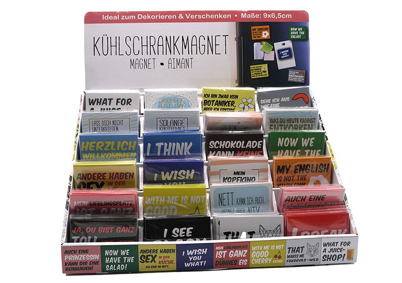 Fridge magnet in a display of 144 plastic colorful 24-fold, (W/H) 9x6cm