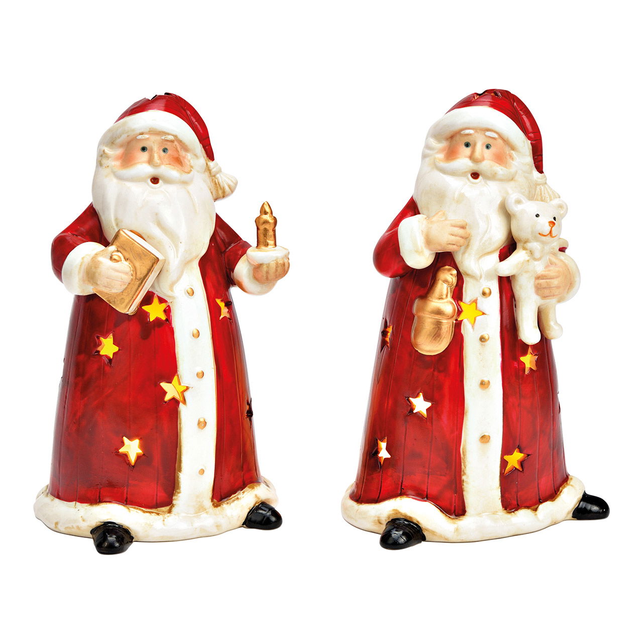 Photophore Saint-Nicolas avec ours en peluche, livre, bougie en porcelaine rouge 2 fois, (L/H/P) 10x17x9cm