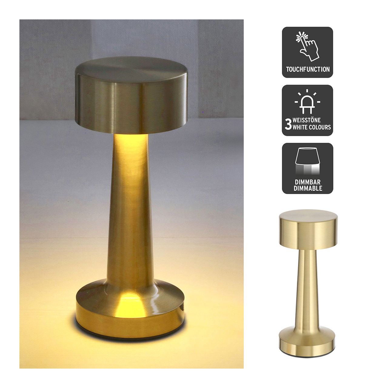 Lampe de table LED TOUCH, intérieur, USB, fer, 24LEDs, 3W, variateur continu, or (L/H/P) 9x21x9cm 1m câble d'alimentation USB