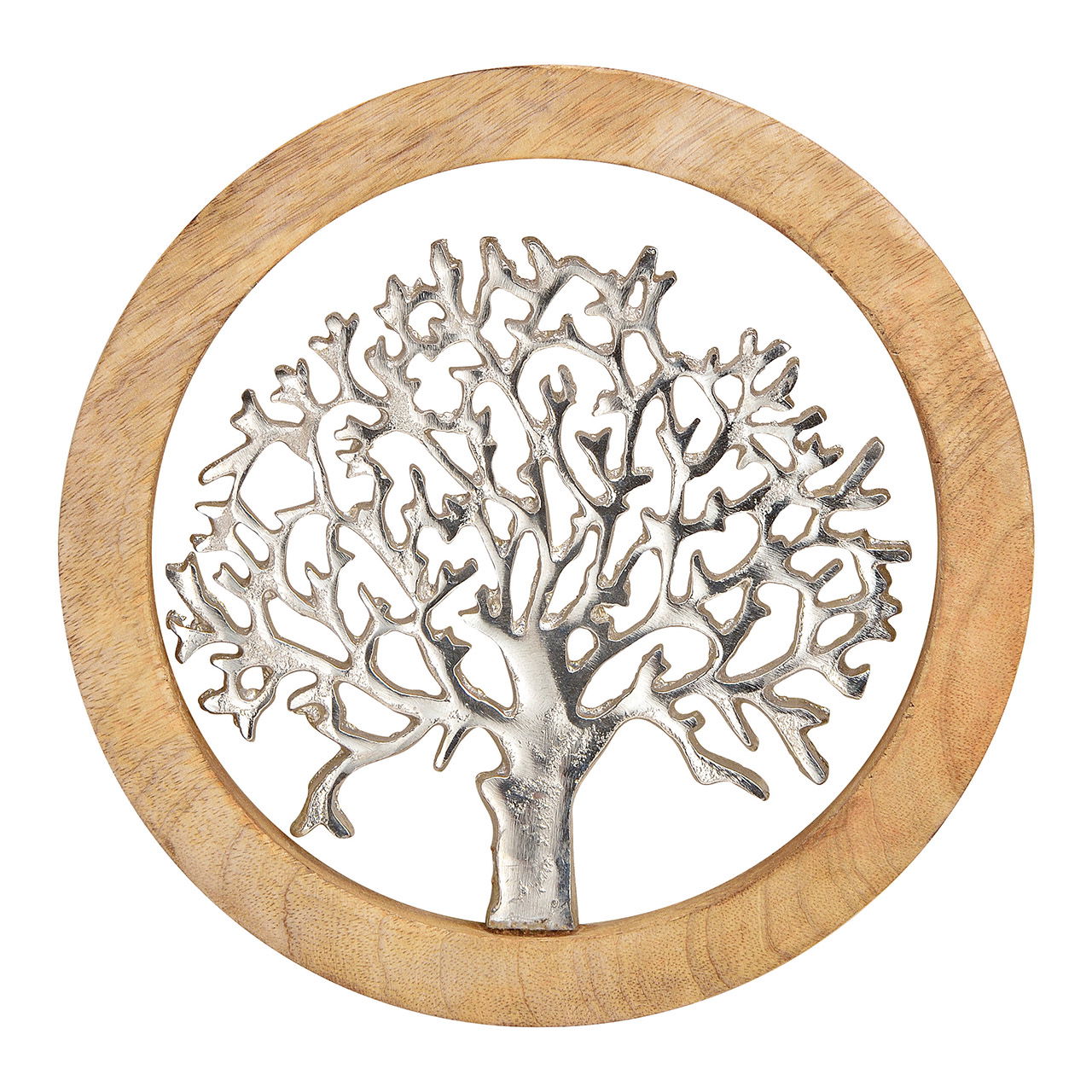 Pendentif mural décor arbre en métal/bois de mangue, argent/marron (L/H/P) 25x25x2cm