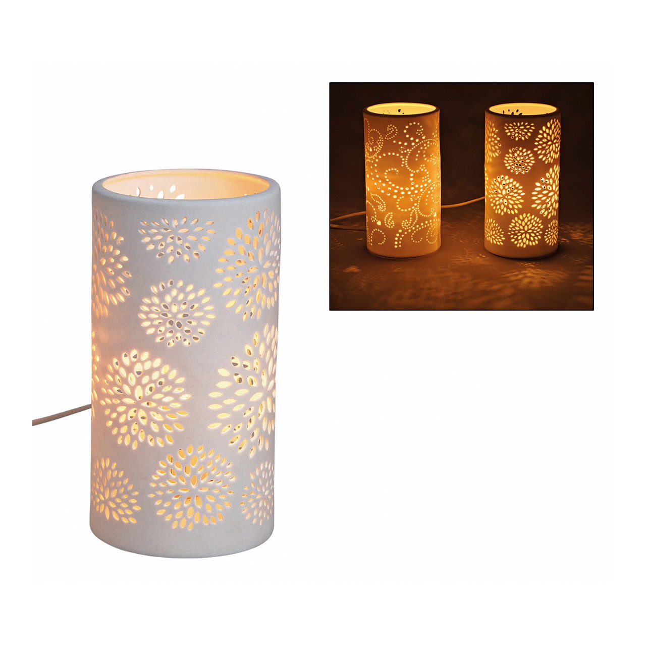 Lampe de table cylindre blanc en porcelaine, décor floral, 10x20x10cm sans ampoules